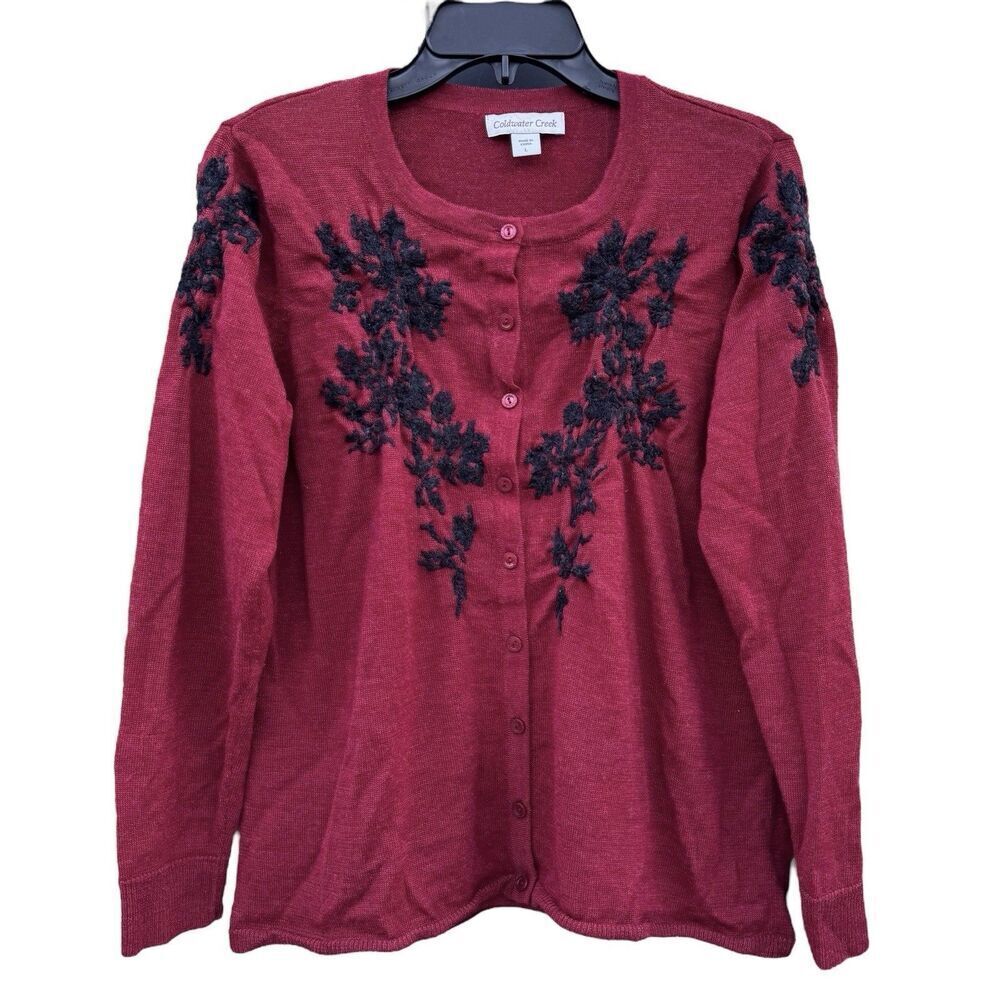 Coldwater Merino Wool Blend Embroidered Cardigan L Whimsigoth Dark Floral Fairy